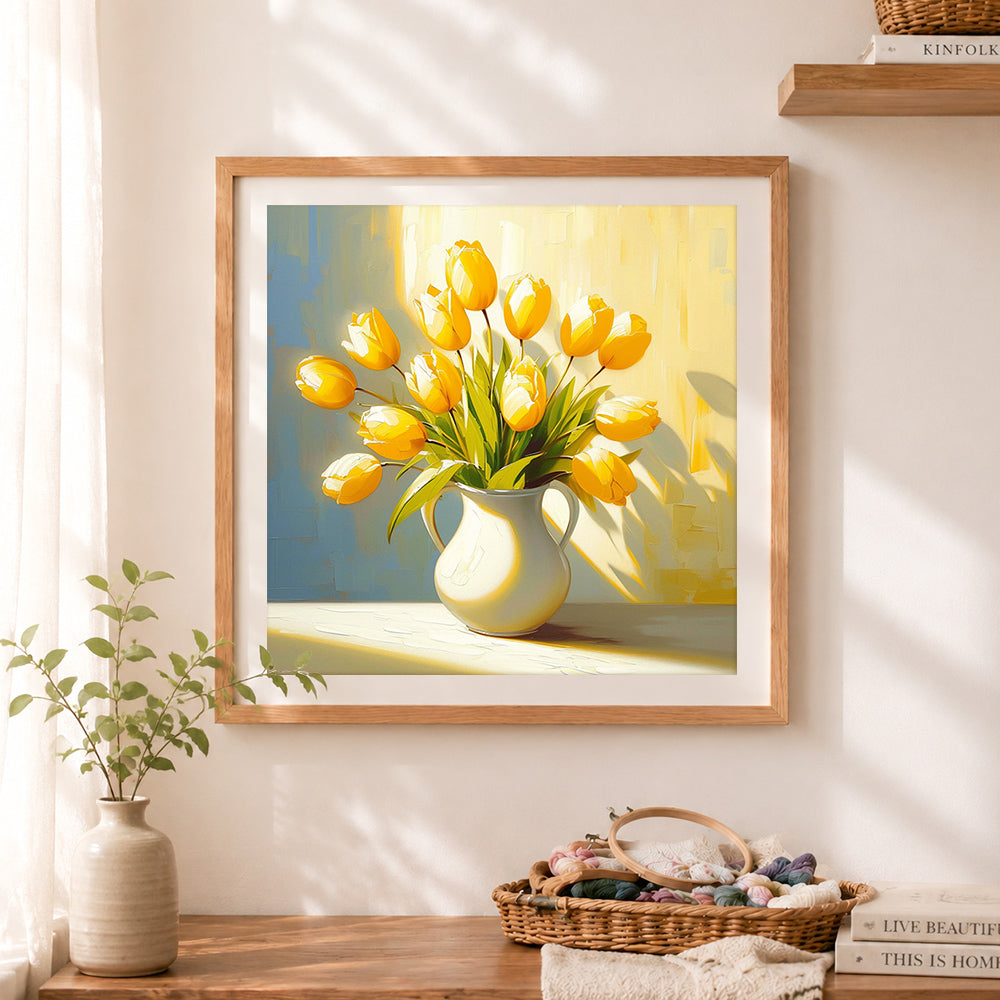 Finished sunny yellow tulips in white vase cross stitch artwork displayed as home decor