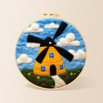 Sunny yellow windmill needle felting kit for beginners with a round wooden frame
