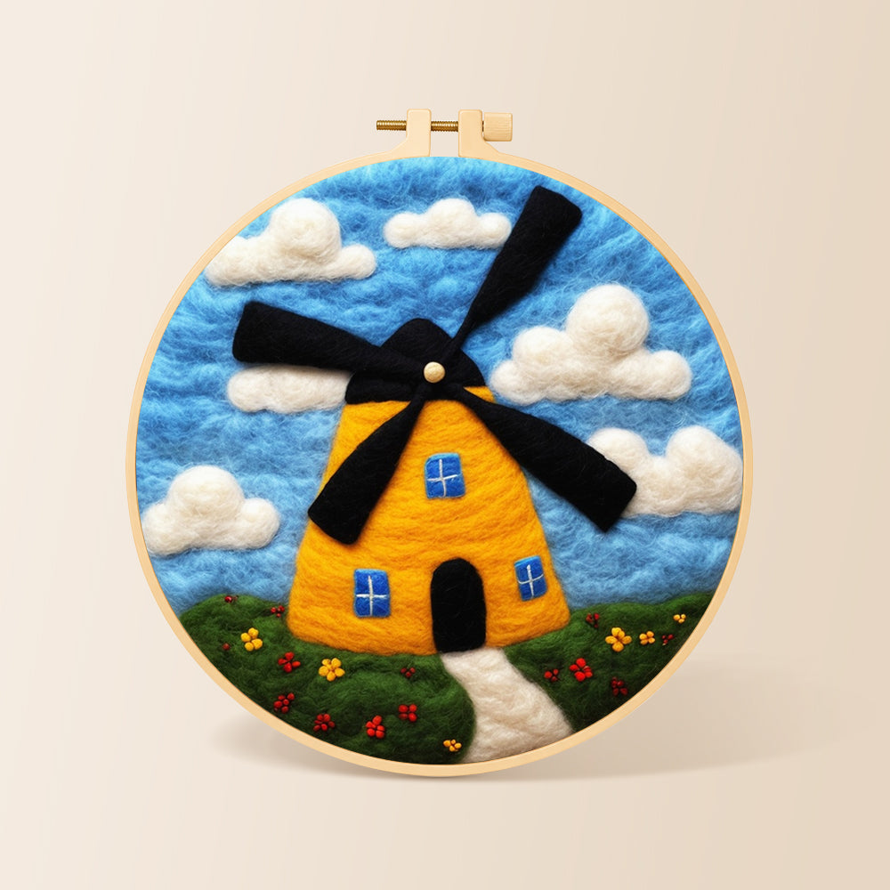 Sunny yellow windmill needle felting kit for beginners with a round wooden frame