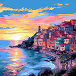 Sunset cliffside coastal village cross stitch kit for beginners