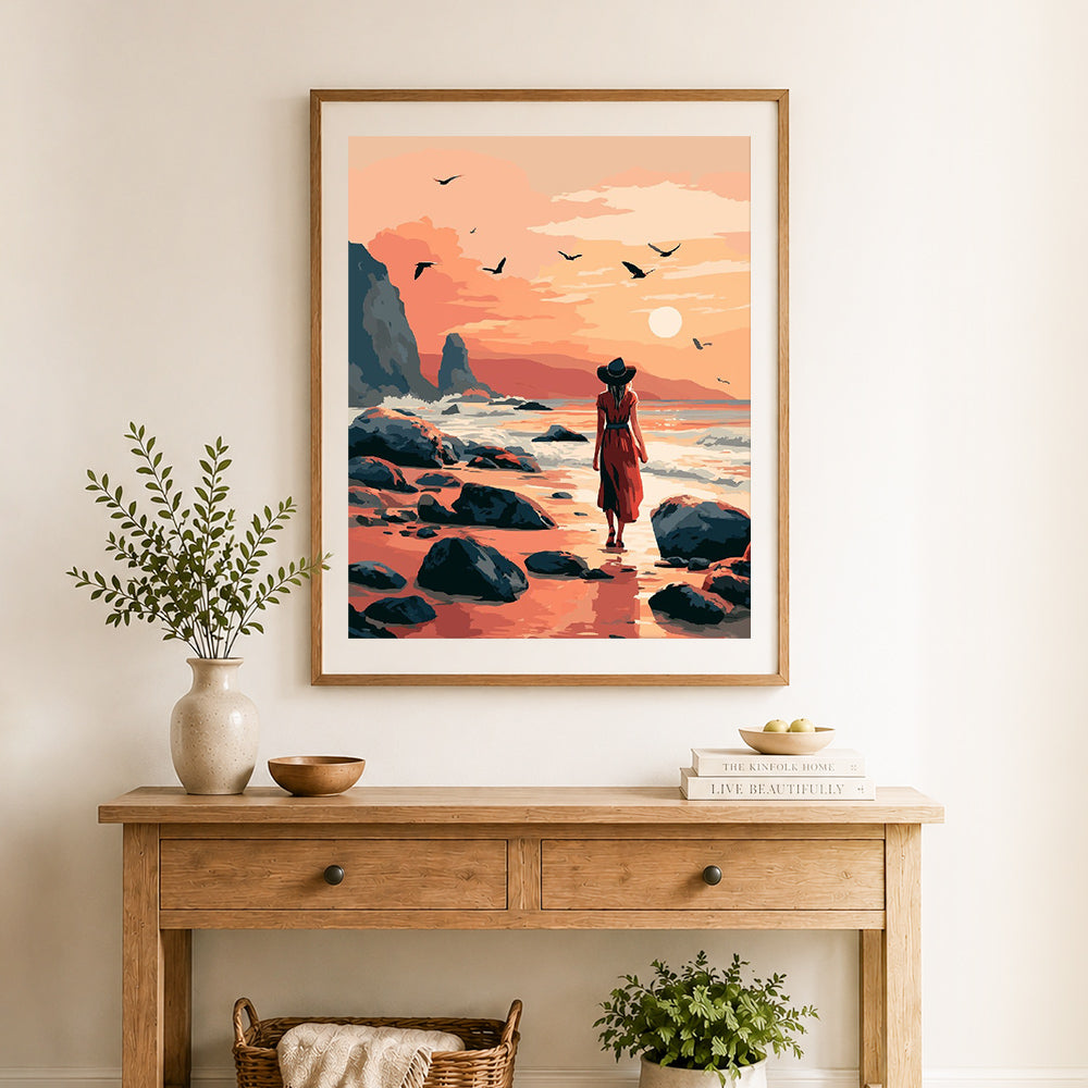 Finished sunset coastal stroll cross stitch artwork displayed as home decor 