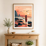 Finished sunset coastal stroll cross stitch artwork displayed as home decor 