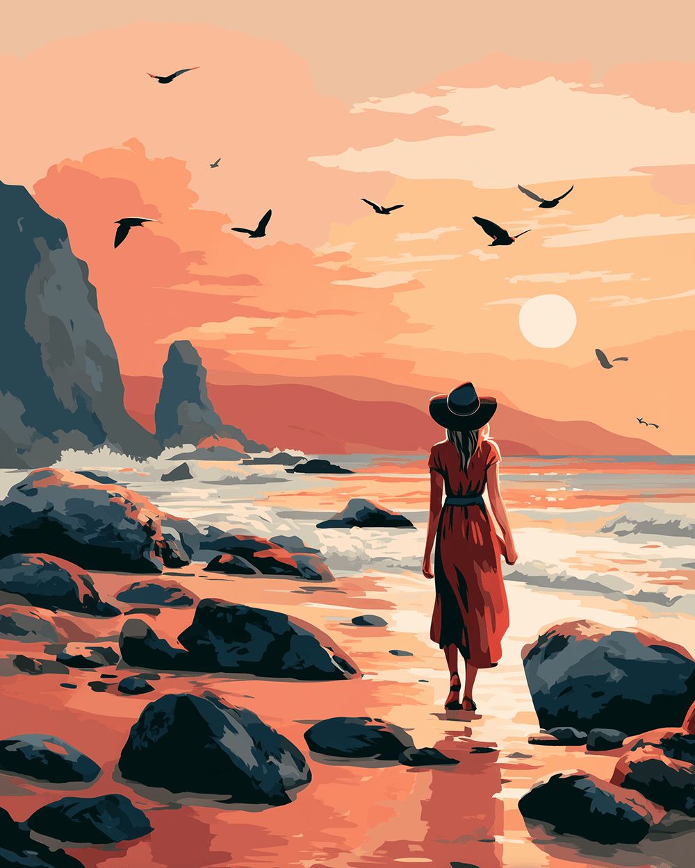 Sunset coastal stroll cross stitch kit for beginners