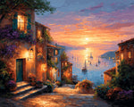 Sunset coastal village with glowing windows and sailboats cross stitch kit for beginners