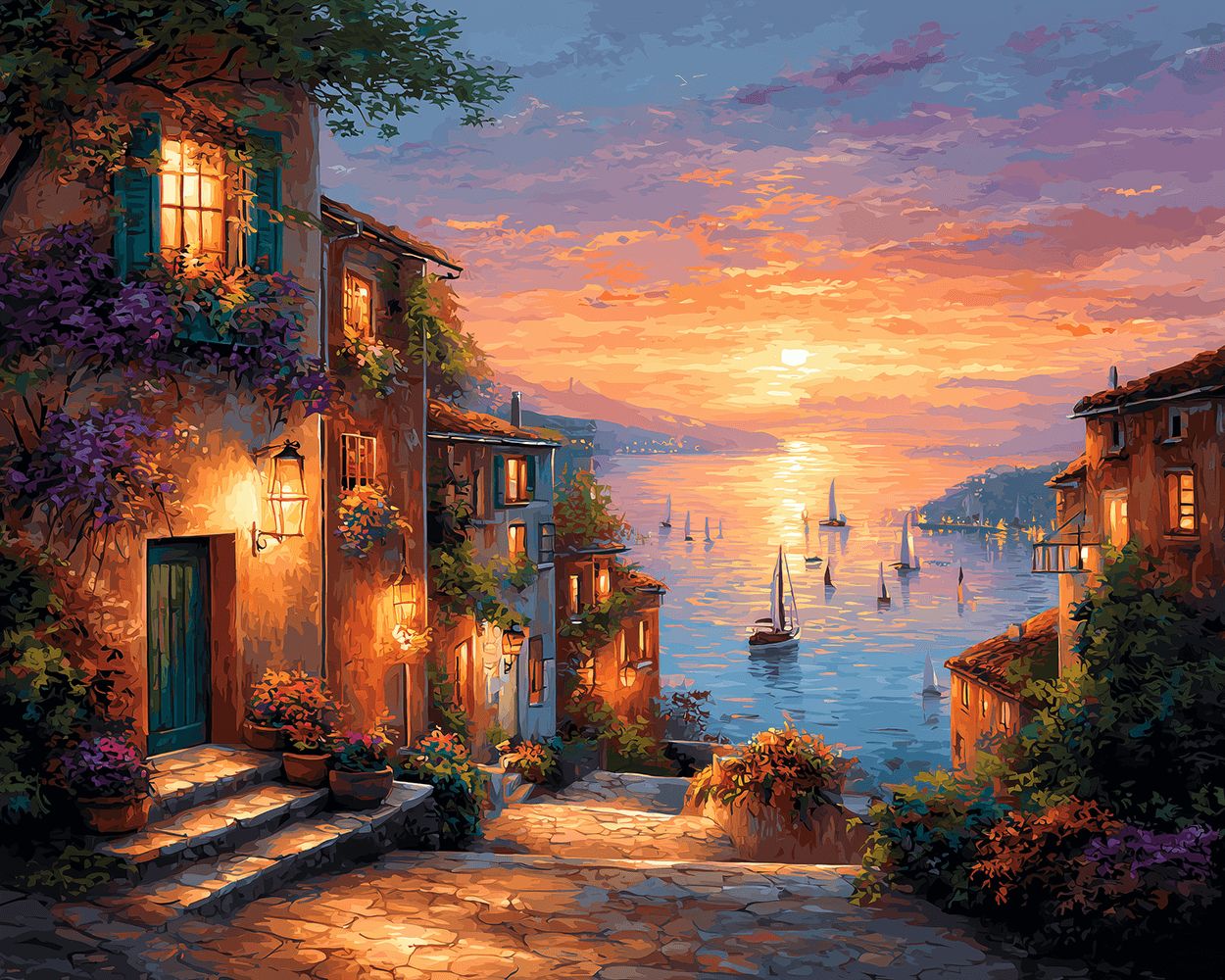 Sunset coastal village with glowing windows and sailboats cross stitch kit for beginners