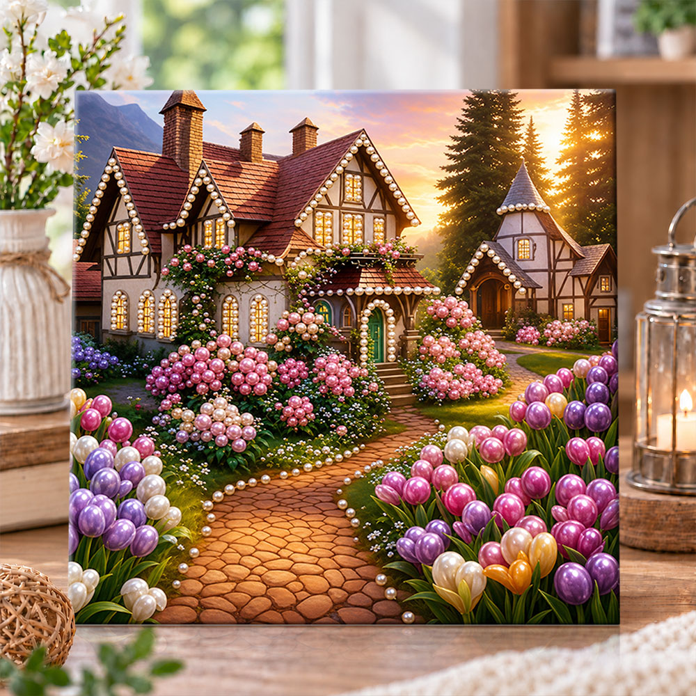 Sunset cottage with tulip garden pearl diamond painting kit for beginners