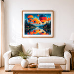 Finished sunset hot air balloons cross stitch artwork displayed as home decor
