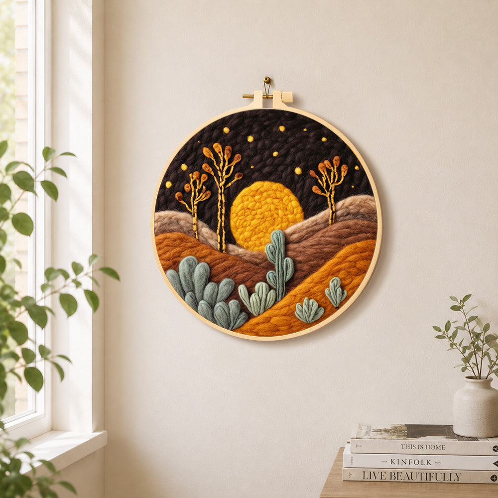 Sunset in the desert needle felt wall art displayed in a bright home interior