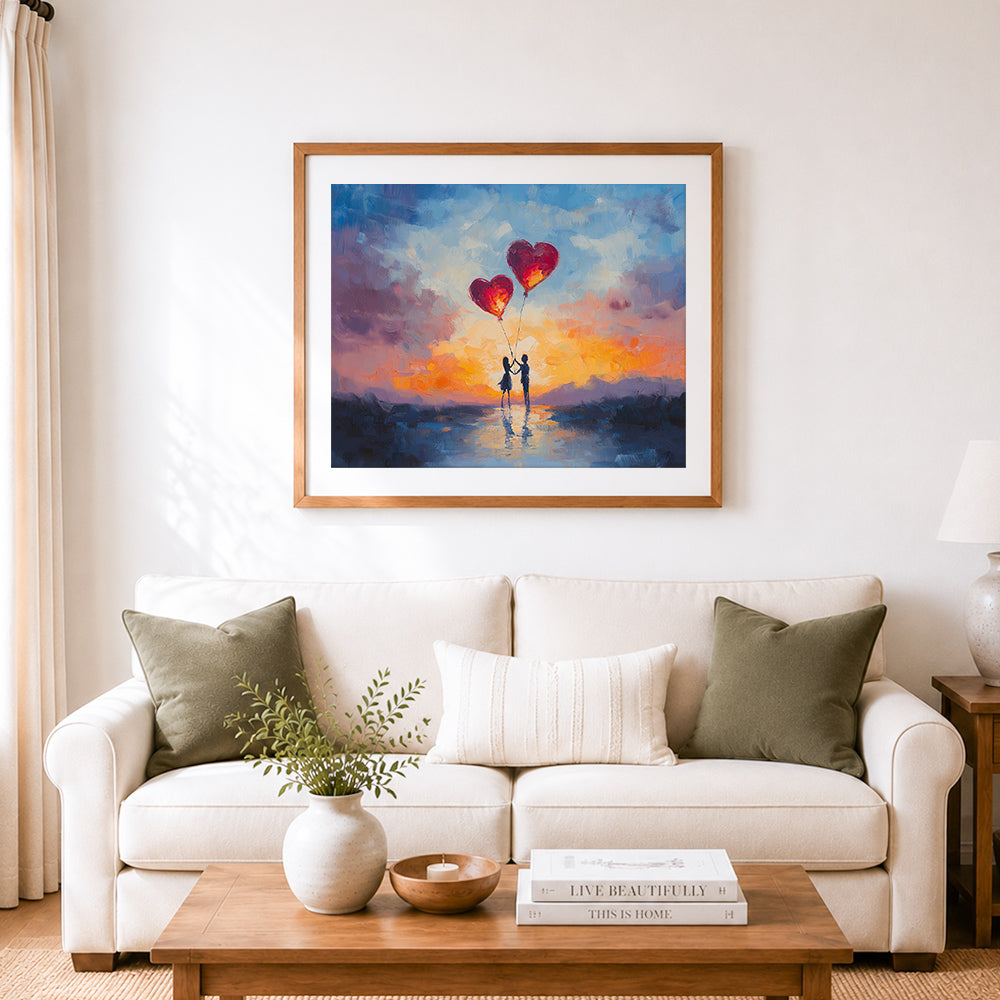 Finished sunset love balloons cross stitch artwork displayed as home decor