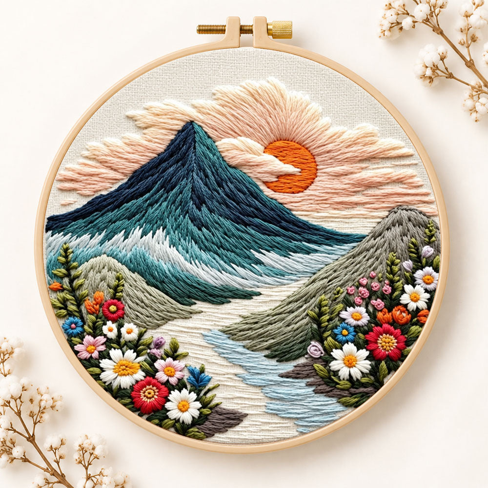 Sunset over mountain peaks embroidery kit