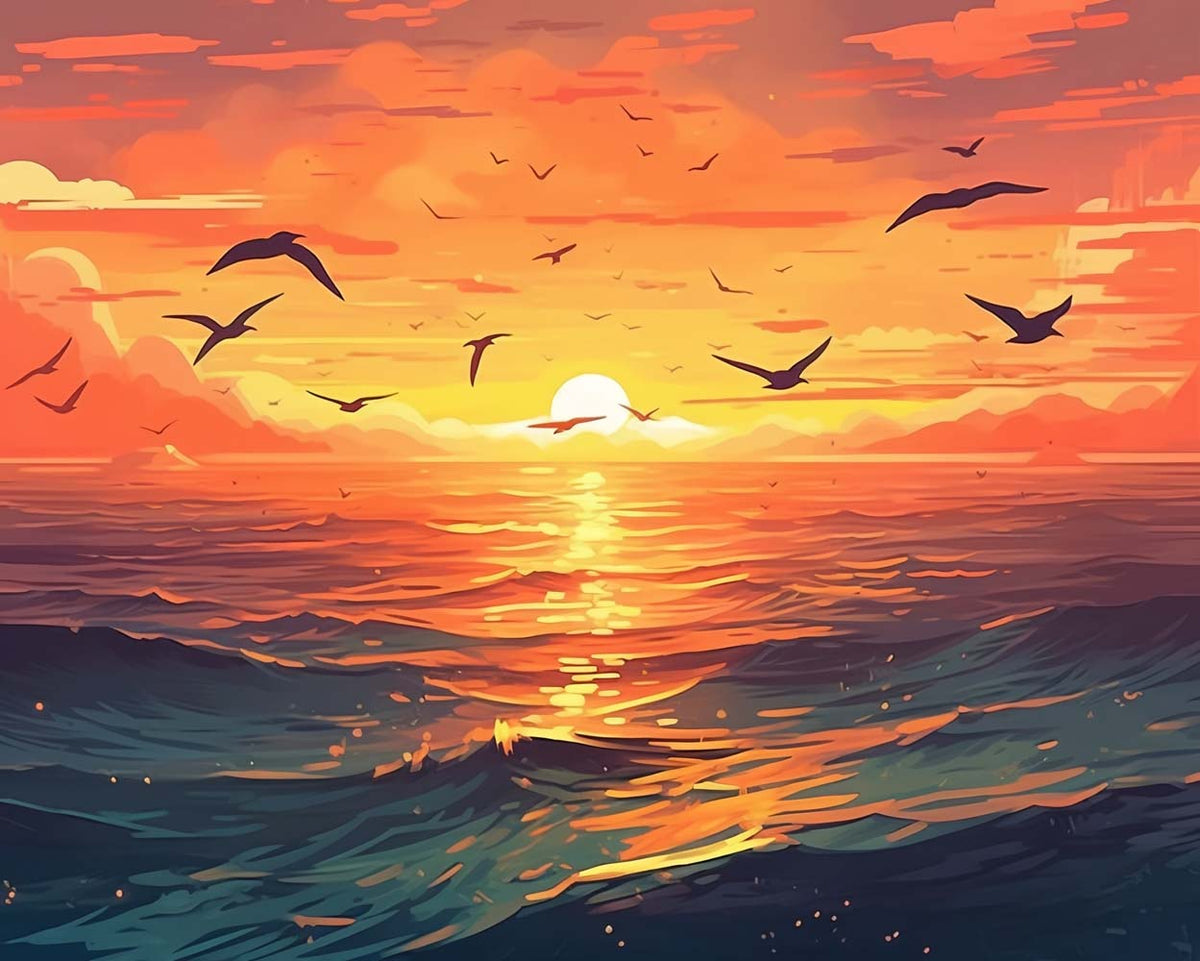 Sunset over ocean waves cross stitch kit for beginners