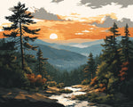 Sunset over pine forest and rolling mountains cross stitch kit for beginners