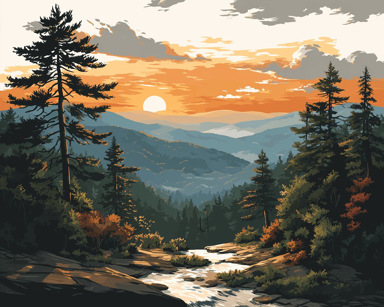 Sunset over pine forest and rolling mountains cross stitch kit for beginners