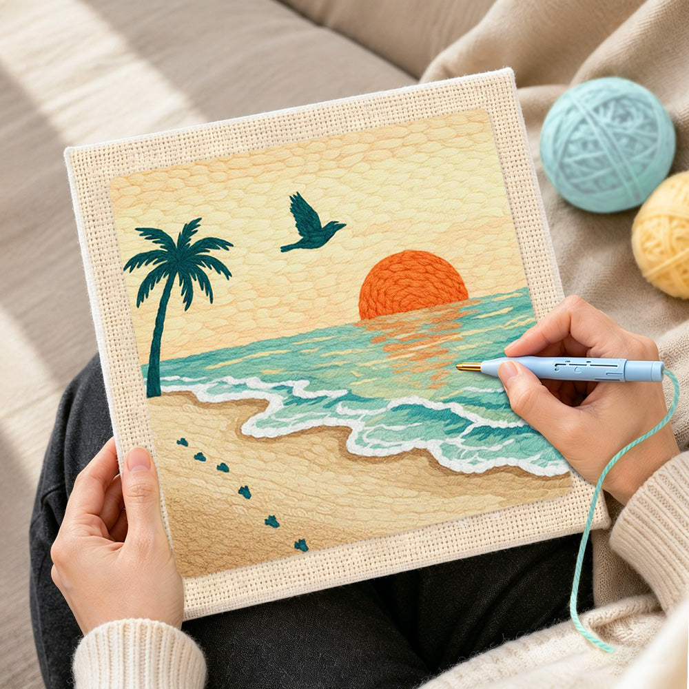 Creating handmade sunset, palm tree and footprints punch needle artwork