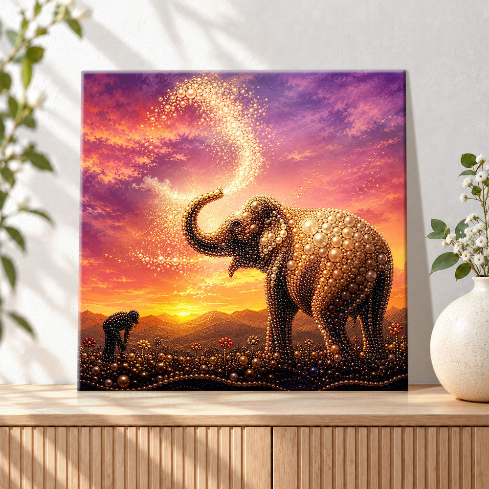 Finished sunset pearl elephant pearl diamond painting artwork displayed as holiday home decor
