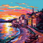 Sunset seaside coastal town cross stitch kit for beginners