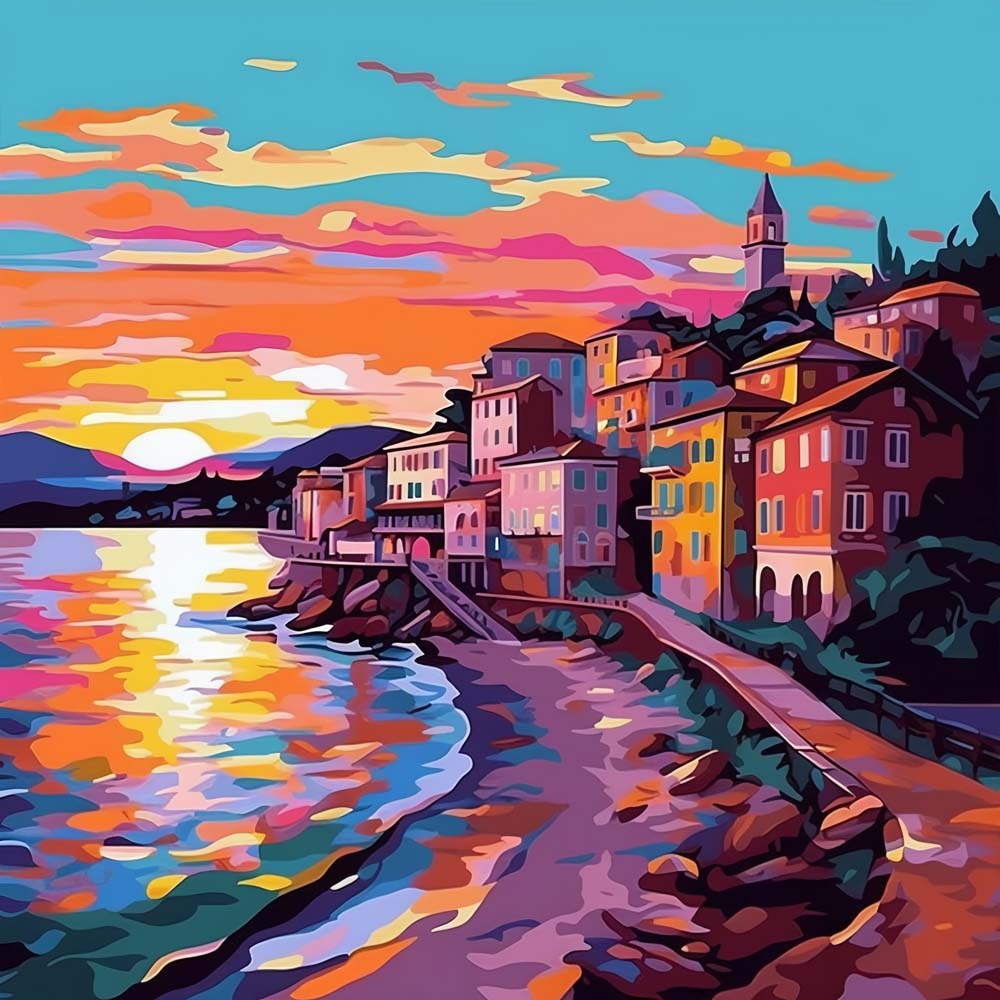 Sunset seaside coastal town cross stitch kit for beginners