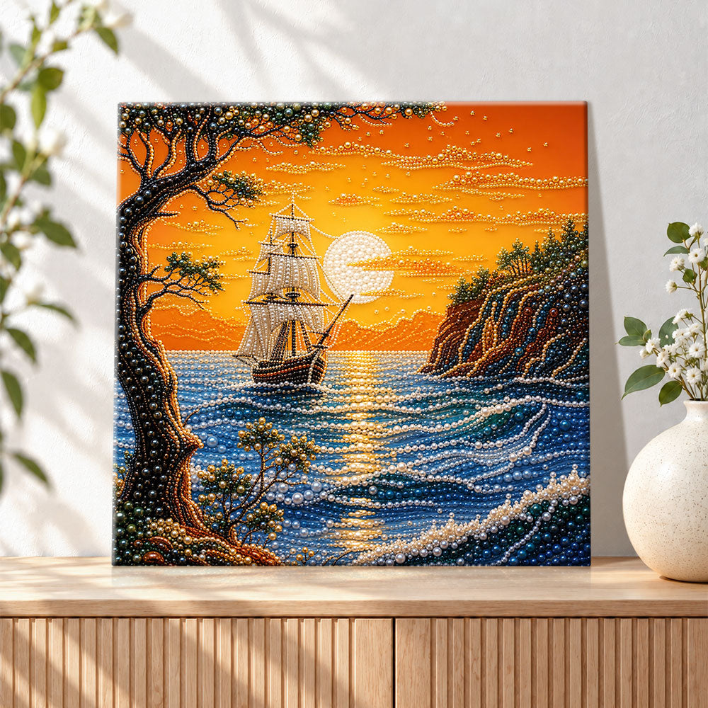 Finished sunset seaside tall ship pearl diamond painting artwork displayed as holiday home decor