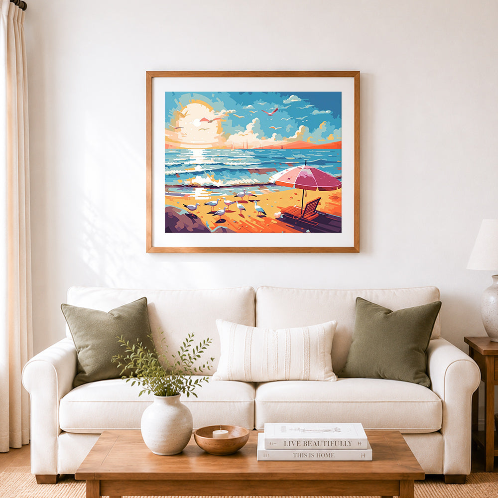Finished sunset shore with seagulls cross stitch artwork displayed as home decor