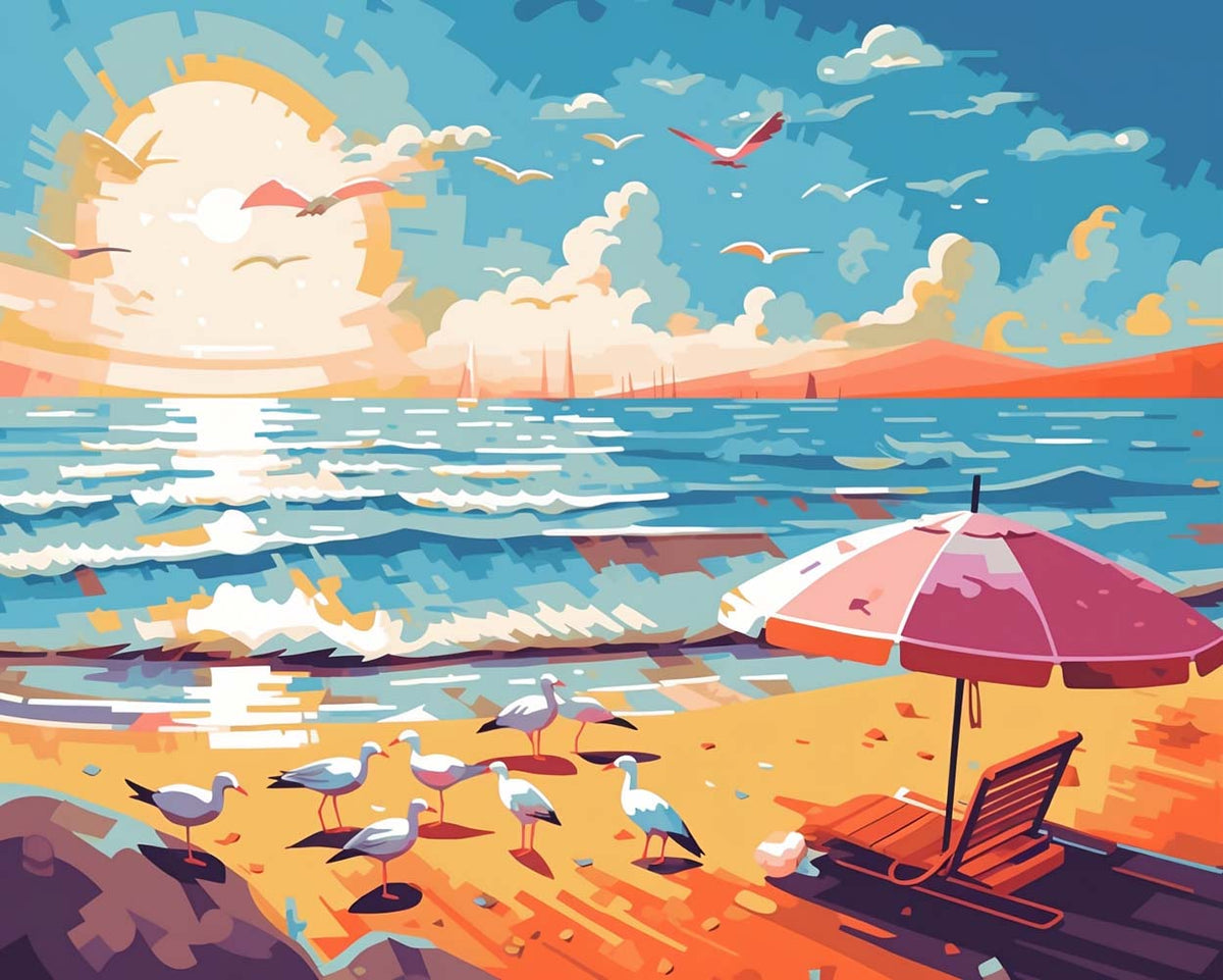 Sunset shore with seagulls cross stitch kit for beginners