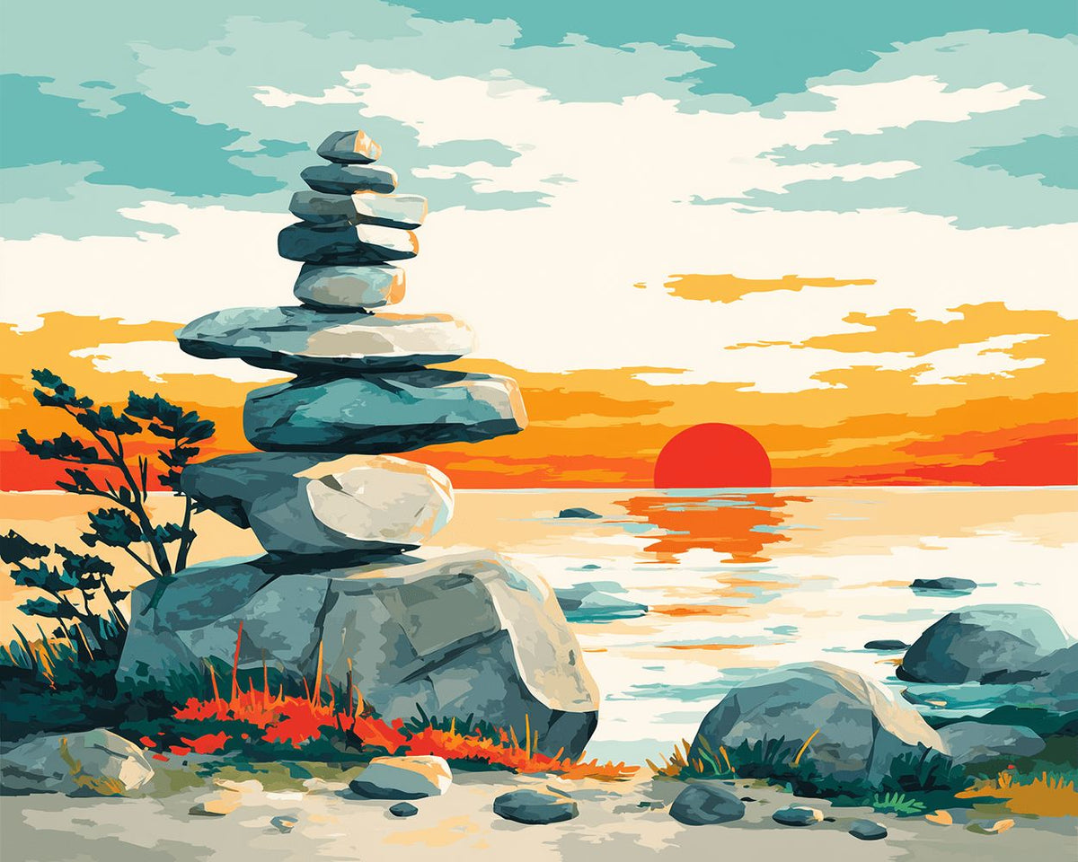 Sunset stacked shore stones cross stitch kit for beginners