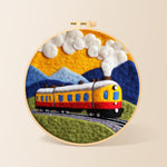 Sunset steam train needle felting kit for beginners with a round wooden frame