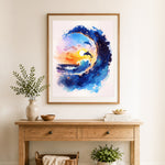 Finished sunset wave and dolphins cross stitch artwork displayed as home decor