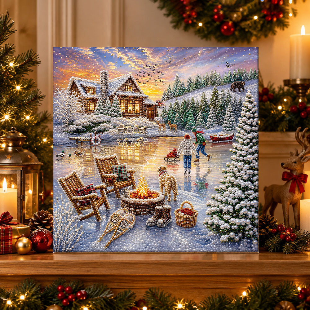 Finished sunset winter cabin scene pearl diamond painting artwork displayed as holiday home decor