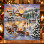 Sunset winter cabin scene pearl diamond painting kit for beginners