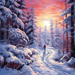 Sunset winter forest hiking path cross stitch kit for beginners
