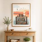 Finished sunset wooden pier cross stitch artwork displayed as home decor