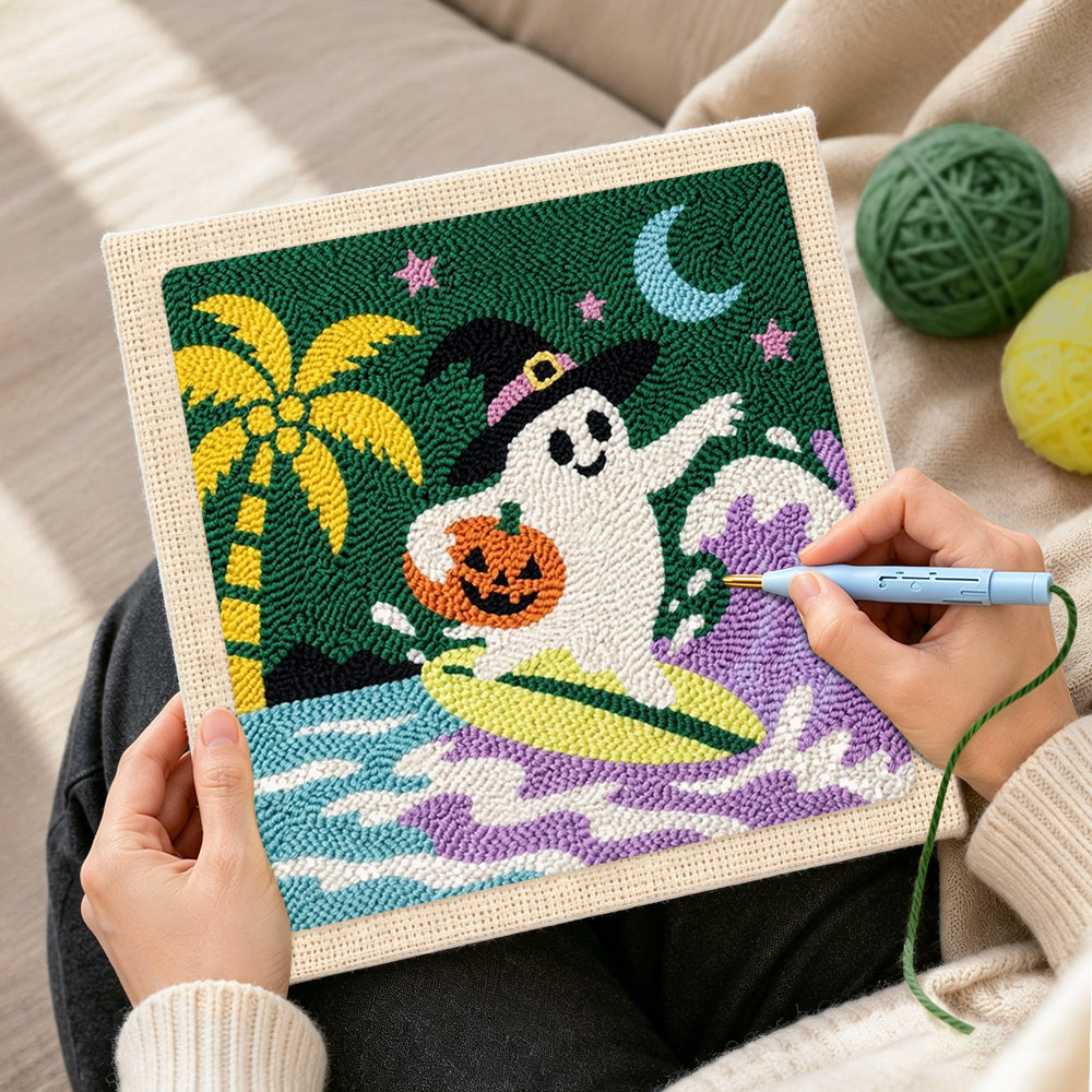 Creating handmade surfing halloween ghost punch needle artwork