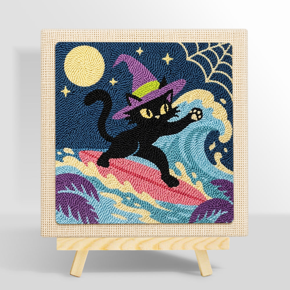Surfing witch black cat punch needle kit for beginners