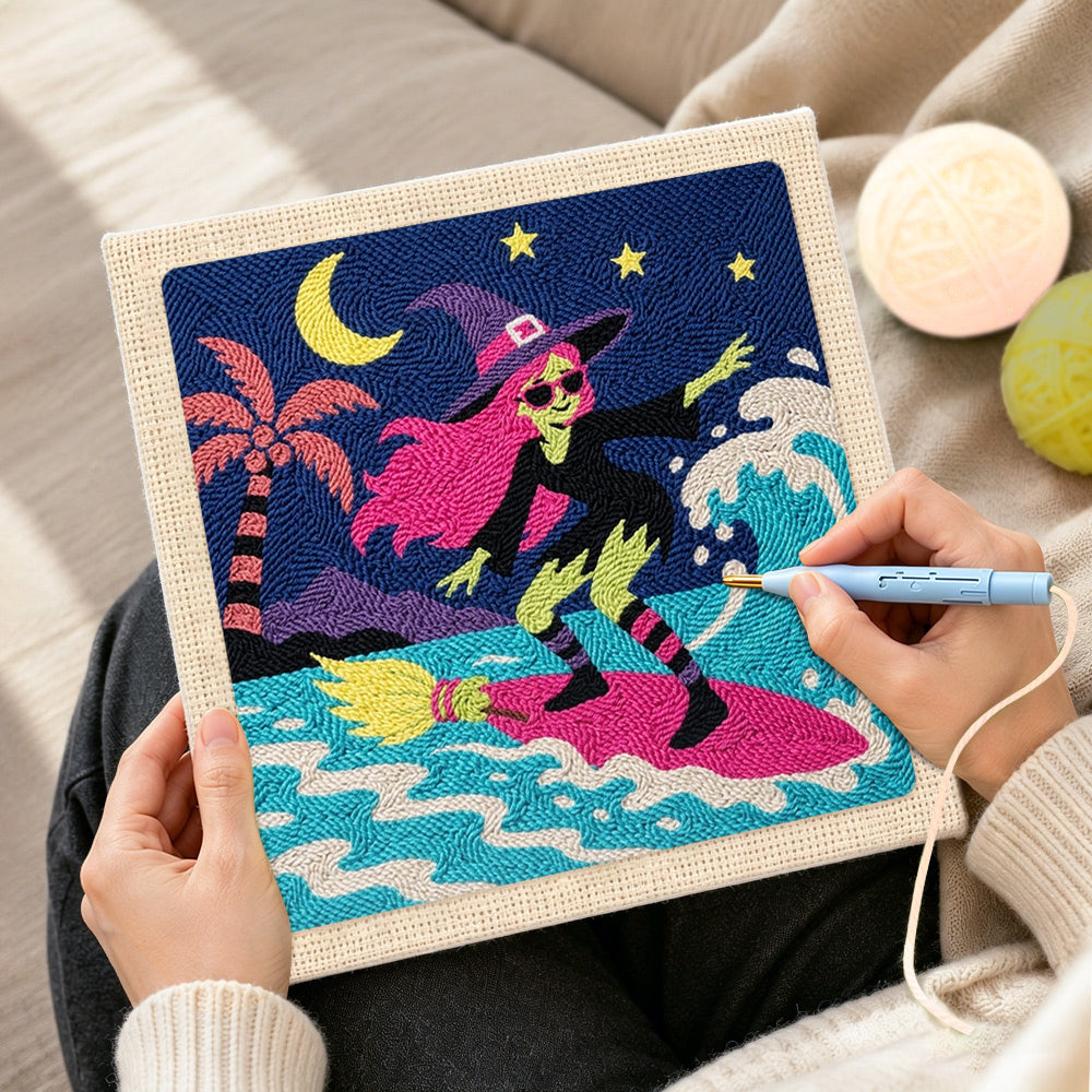 Creating handmade surfing witch punch needle artwork