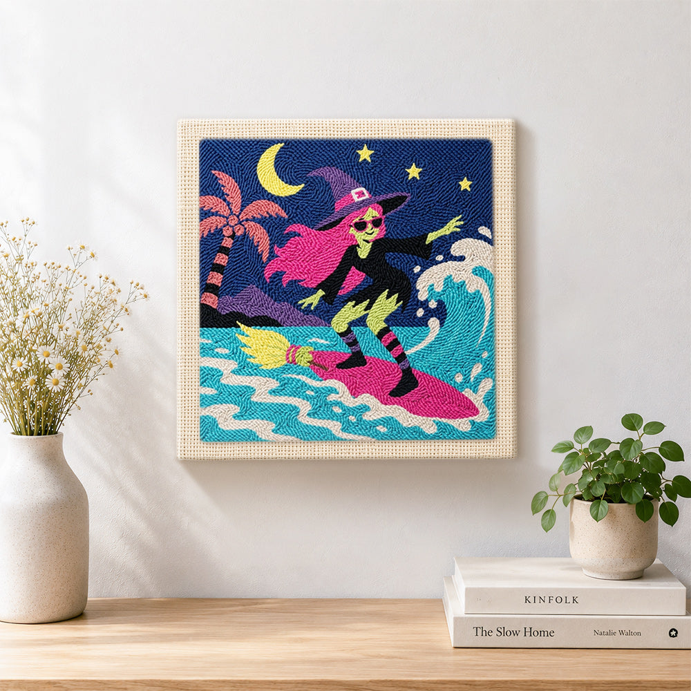 Finished surfing witch artwork displayed on a wall