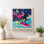 Finished surfing witch artwork displayed on a wall