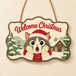 Surprised cat in snow cabin paint by numbers door hanger finished design