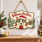 Surprised cat in snow cabin paint by numbers door hanger as indoor wall decor