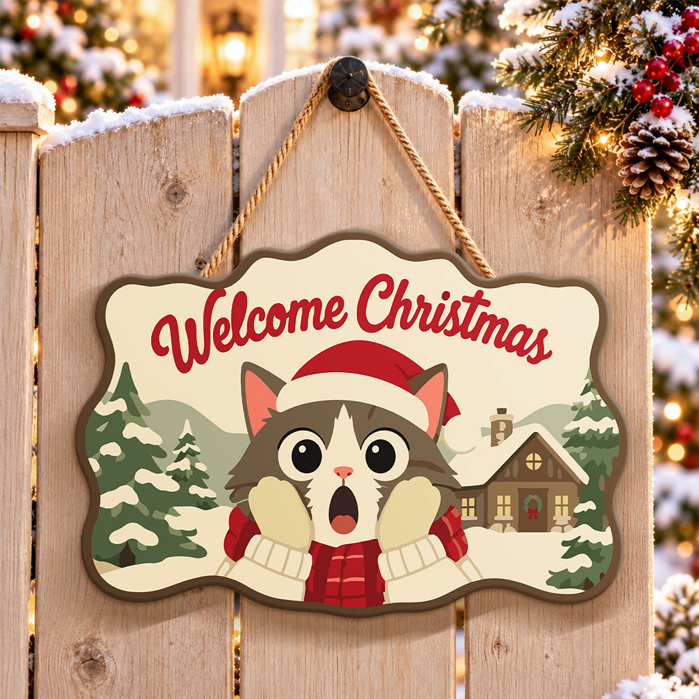 Surprised cat in snow cabin paint by numbers door hanger on a garden gate