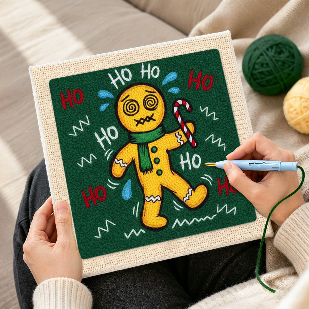 Creating handmade sweating dizzy gingerbread man punch needle artwork