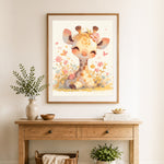 Finished sweet baby giraffe cross stitch artwork displayed as home decor