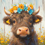 Sweet brown highland cow and wildflowers cross stitch kit for beginners