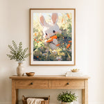 Finished sweet bunny eating carrot in grass cross stitch artwork displayed as home decor