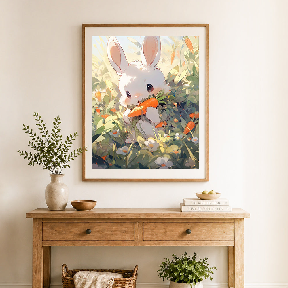 Finished sweet bunny eating carrot in grass cross stitch artwork displayed as home decor