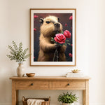 Finished sweet capybara with roses cross stitch artwork displayed as home decor