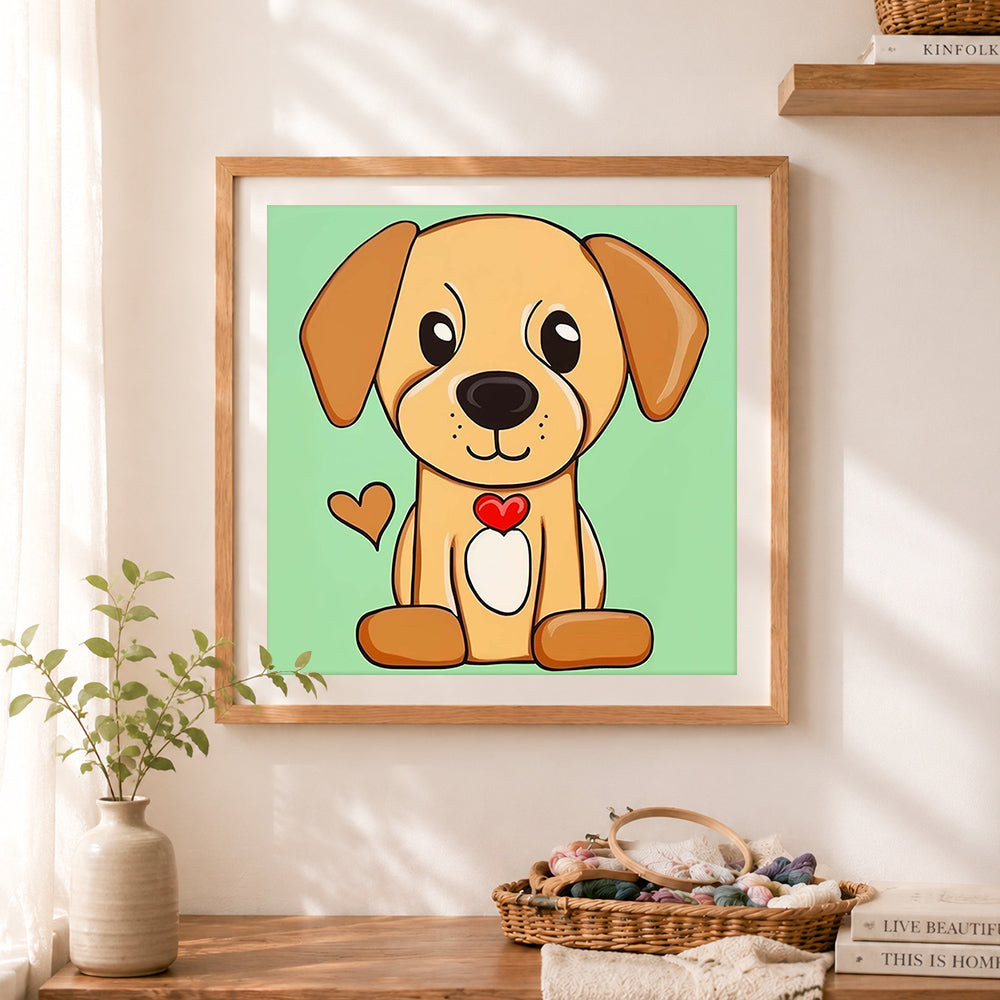 Finished sweet cartoon puppy with heart cross stitch artwork displayed as home decor