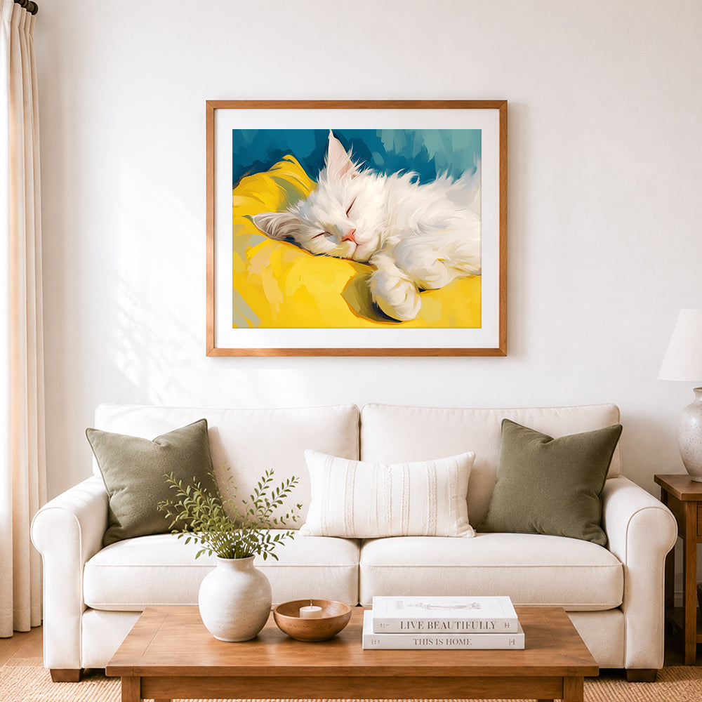 Finished sweet cat nap cross stitch artwork displayed as home decor