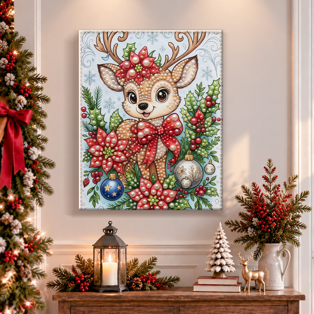 Finished sweet christmas fawn pearl diamond painting artwork displayed as holiday home decor