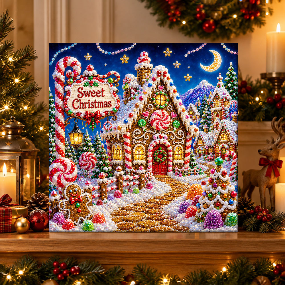 Finished sweet christmas gingerbread house pearl diamond painting artwork displayed as holiday home decor