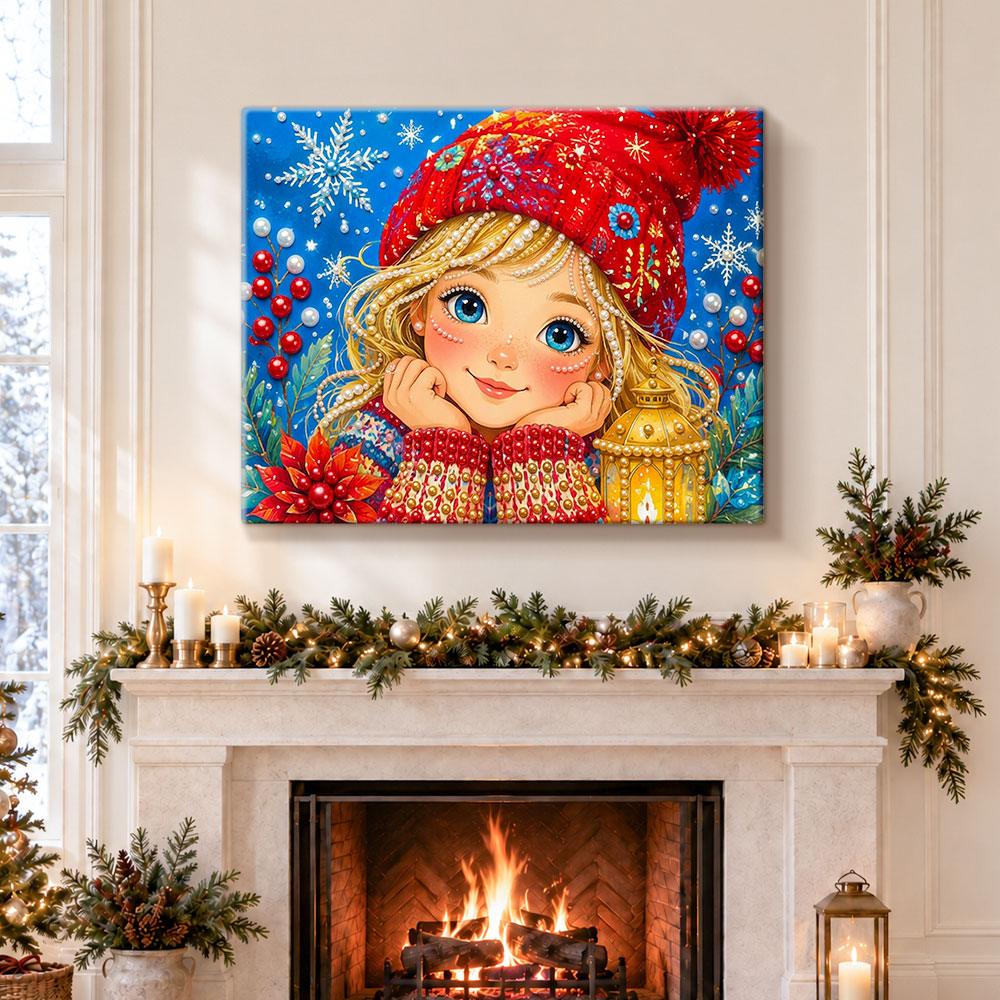 Finished sweet christmas girl pearl diamond painting artwork displayed as holiday home decor
